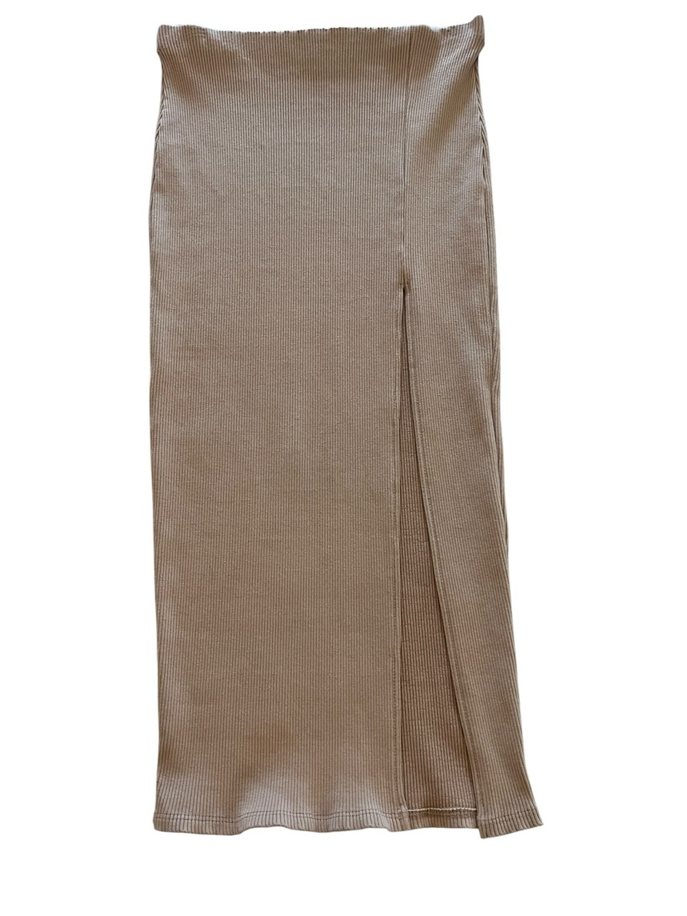 Lulus Tan Ribbed Midi Skirt High Waist Side Slit Casual Boho Feminine-M